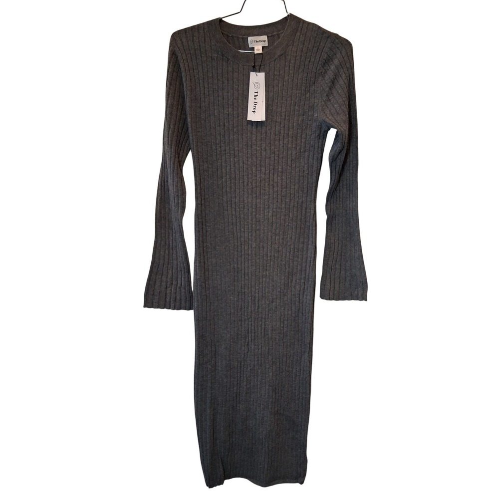 The Drop Womens Gray Ribbed Knit Long‎ Sleeve Flare Cuff Midi Dress Small NEW